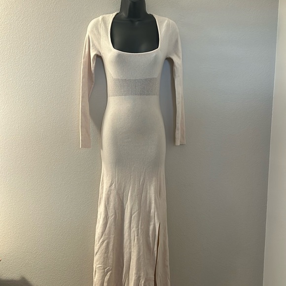 Princess Polly Barallen Long Sleeve Beige Knit Square Neck Side Slit Maxi Dress - Picture 4 of 13